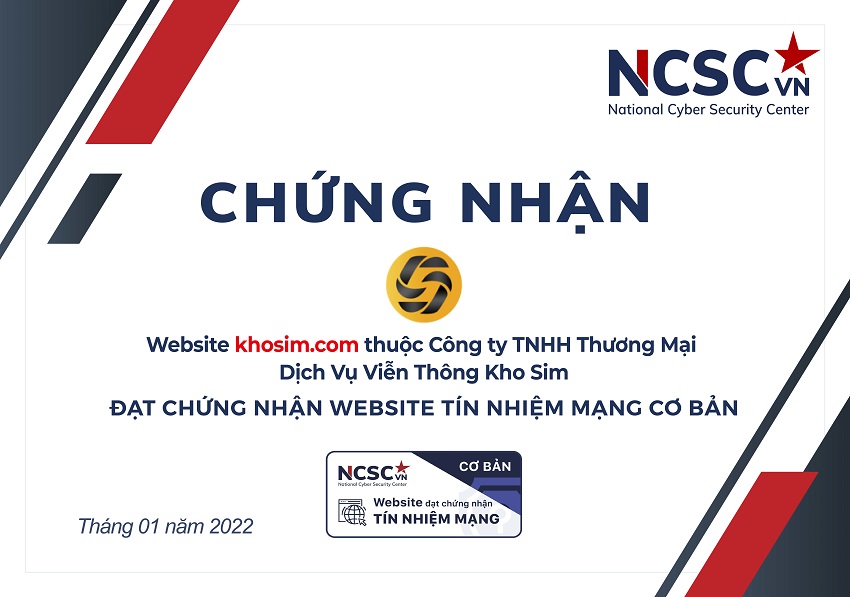 Công bố | Công ty TNHH Thương Mại Dịch Vụ Viễn Thông Kho Sim  đã đạt chứng nhận Website Tín nhiệm mạng cơ bản