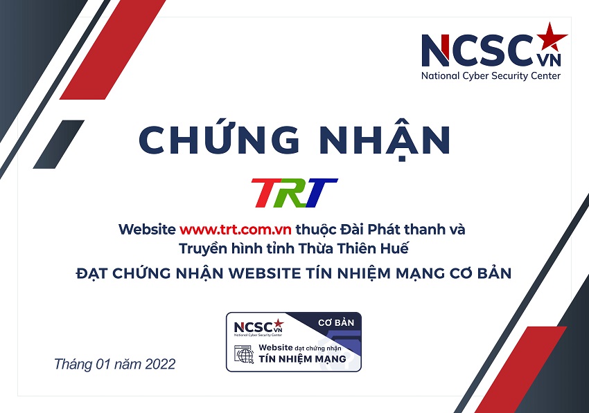 Chúc mừng Đài Phát thanh và Truyền hình tỉnh Thừa Thiên Huế đã đạt chứng nhận Website Tín nhiệm mạng cơ bản