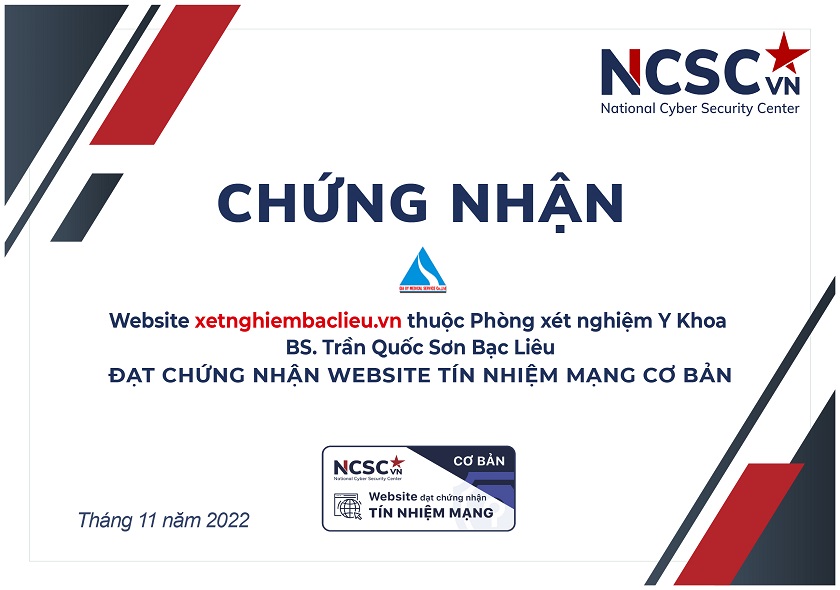 Công bố | Phòng Xét Nghiệm Y Khoa BS. Trần Quốc Sơn Bạc Liêu đã đạt chứng nhận Website Tín nhiệm mạng cơ bản