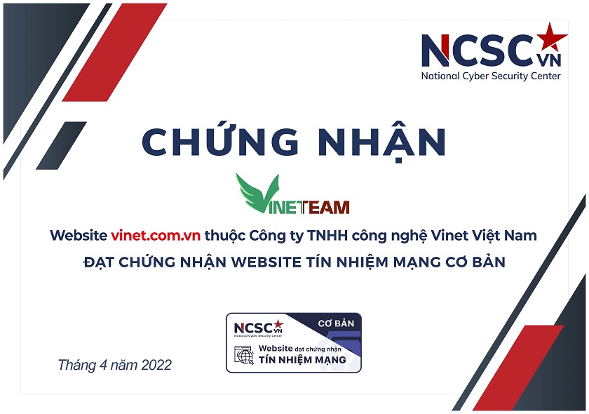 Công bố | Công ty TNHH công nghệ Vinet Việt Nam đã đạt chứng nhận Website Tín nhiệm mạng cơ bản