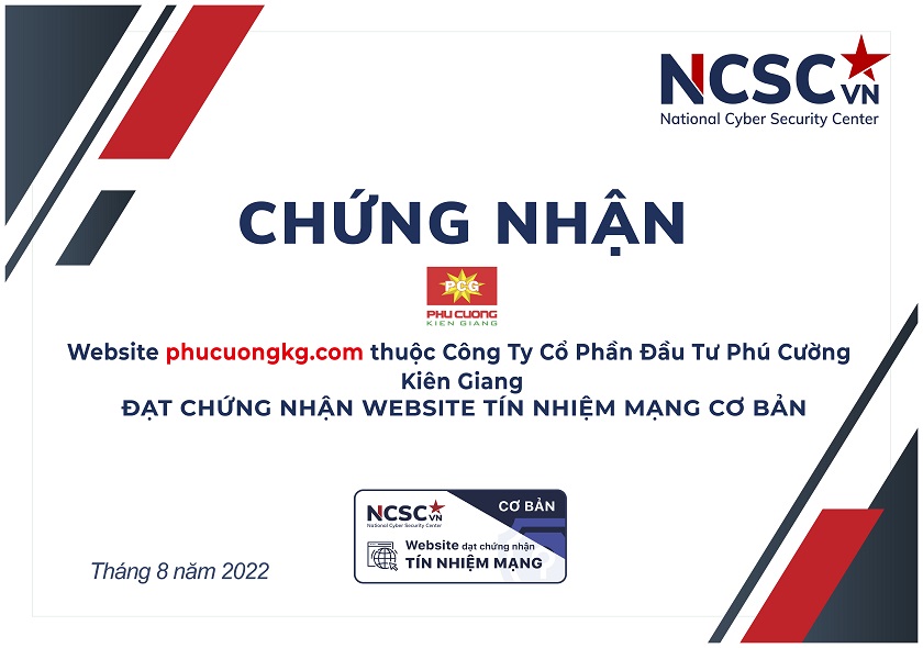 Công bố | Công ty Cổ phần Đầu tư Phú Cường Kiên Giang đã đạt chứng nhận Website Tín nhiệm mạng cơ bản