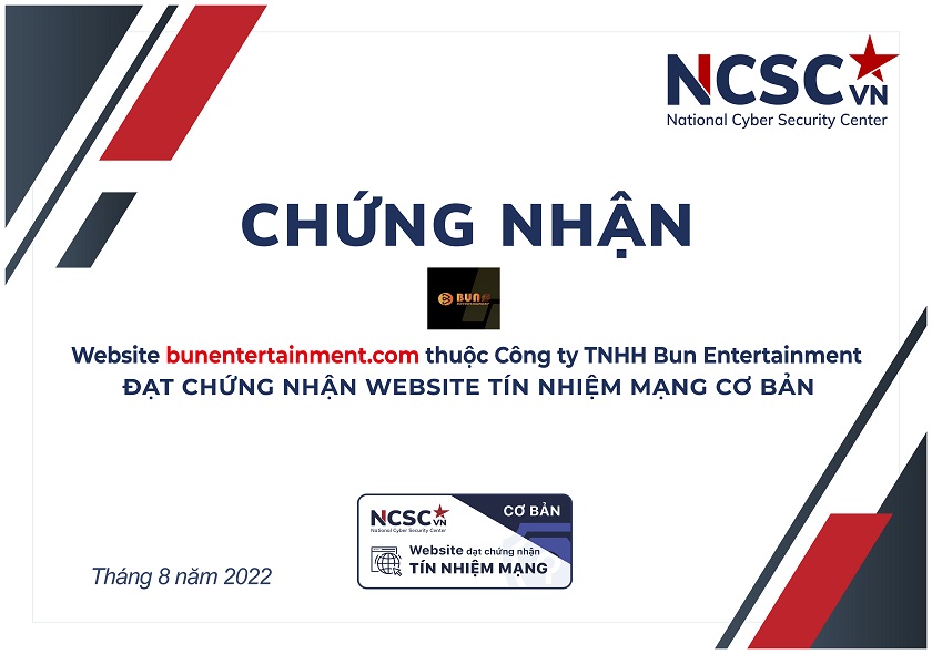 Công bố | Công ty TNHH Bun Entertainment đã đạt chứng nhận Website Tín nhiệm mạng cơ bản