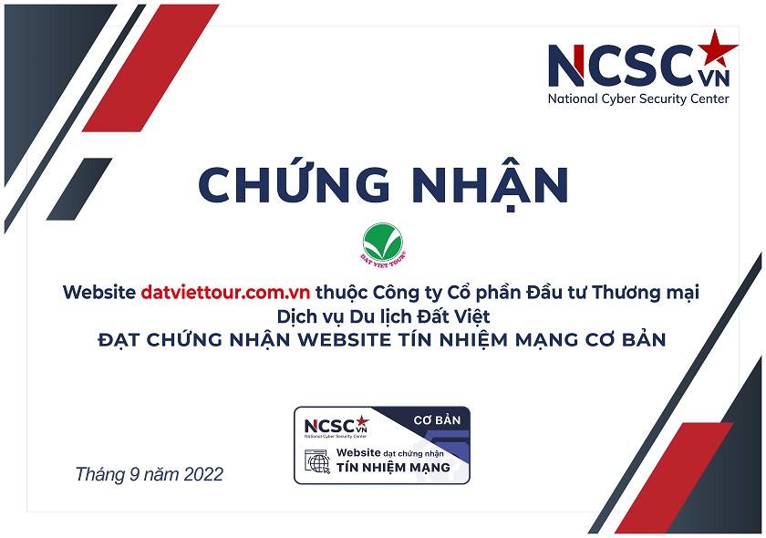 Công bố | Công ty Cổ phần Đầu tư Thương mại Dịch vụ Du lịch Đất Việt đã đạt chứng nhận Website Tín nhiệm mạng cơ bản