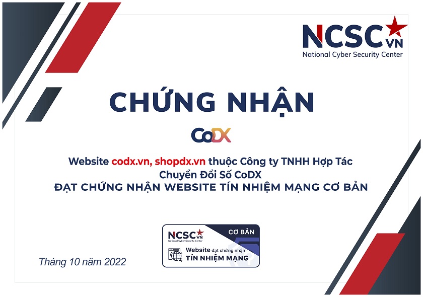 Công bố | Công ty TNHH Hợp Tác Chuyển Đổi Số CoDX đã đạt chứng nhận Website Tín nhiệm mạng cơ bản