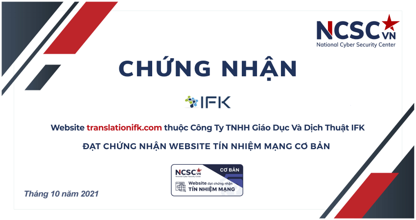 Công bố | Công Ty TNHH Giáo Dục và Dịch Thuật IFK đã đạt chứng nhận Website Tín nhiệm mạng cơ bản