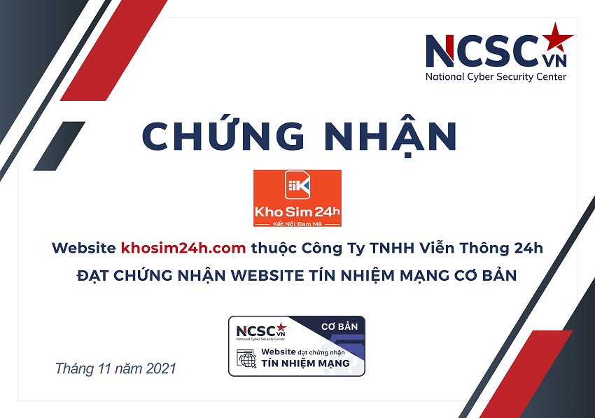 Công bố | Công ty TNHH Viễn Thông 24h đã đạt chứng nhận Website Tín nhiệm mạng cơ bản