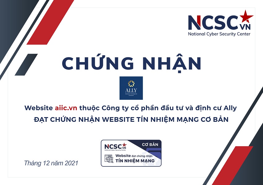 Công bố | Công ty cổ phần đầu tư và định cư Ally đã đạt chứng nhận Website Tín nhiệm mạng cơ bản