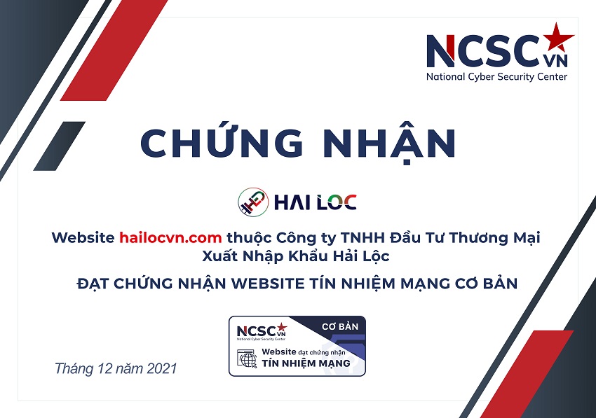 Công bố | Công ty TNHH Đầu Tư Thương Mại Xuất Nhập Khẩu Hải Lộc đã đạt chứng nhận Website Tín nhiệm mạng cơ bản