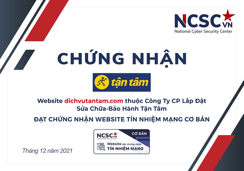 Công bố | Công Ty CP Lắp Đặt-Sửa Chữa-Bảo Hành Tận Tâm đã đạt chứng nhận Website Tín nhiệm mạng cơ bản