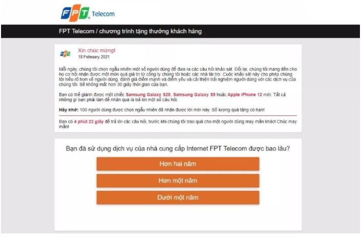 Cảnh báo lừa đảo thông qua website giả mạo FPT Telecom